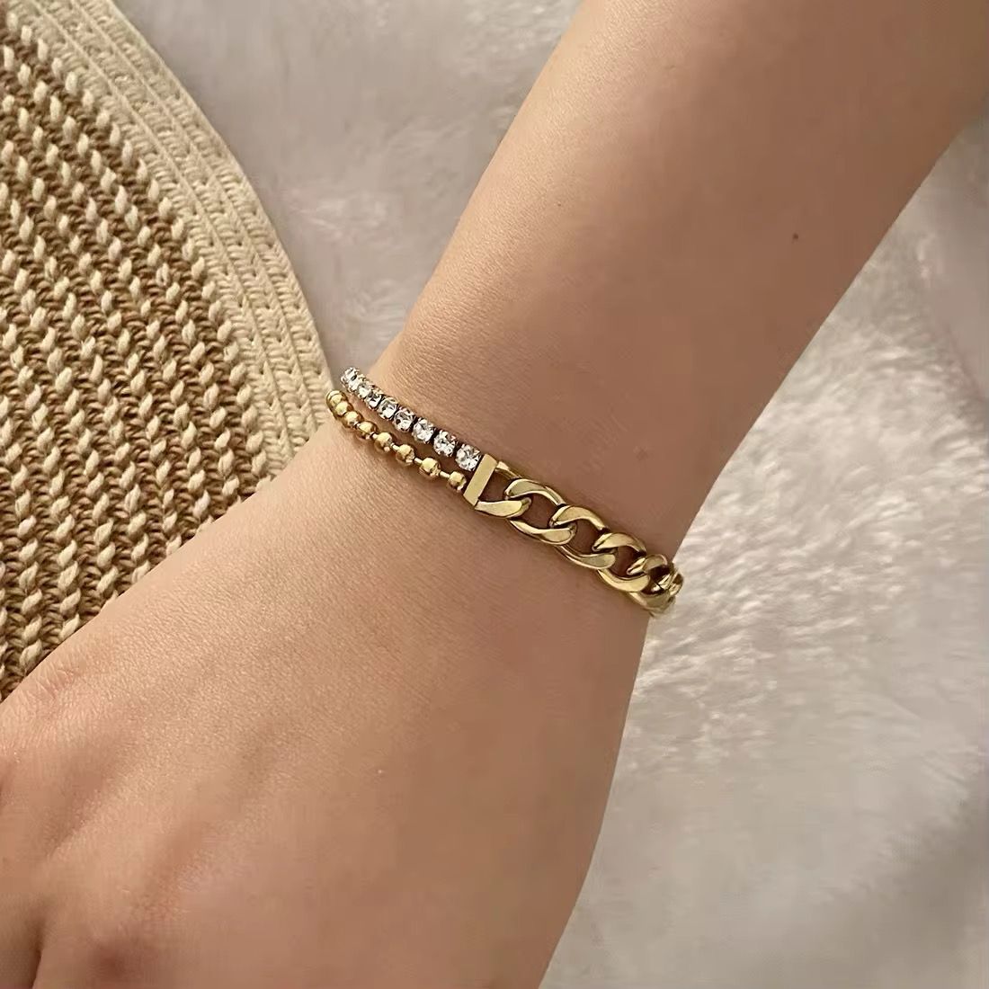 Gold-Plated Cuban & Crystal Chain Bracelet
